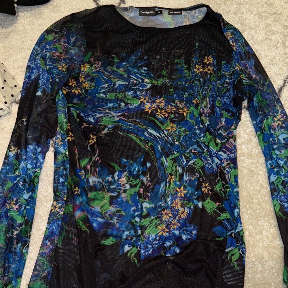 Desigual Women's Vibrant Floral Mesh Blouse - Black and Blue